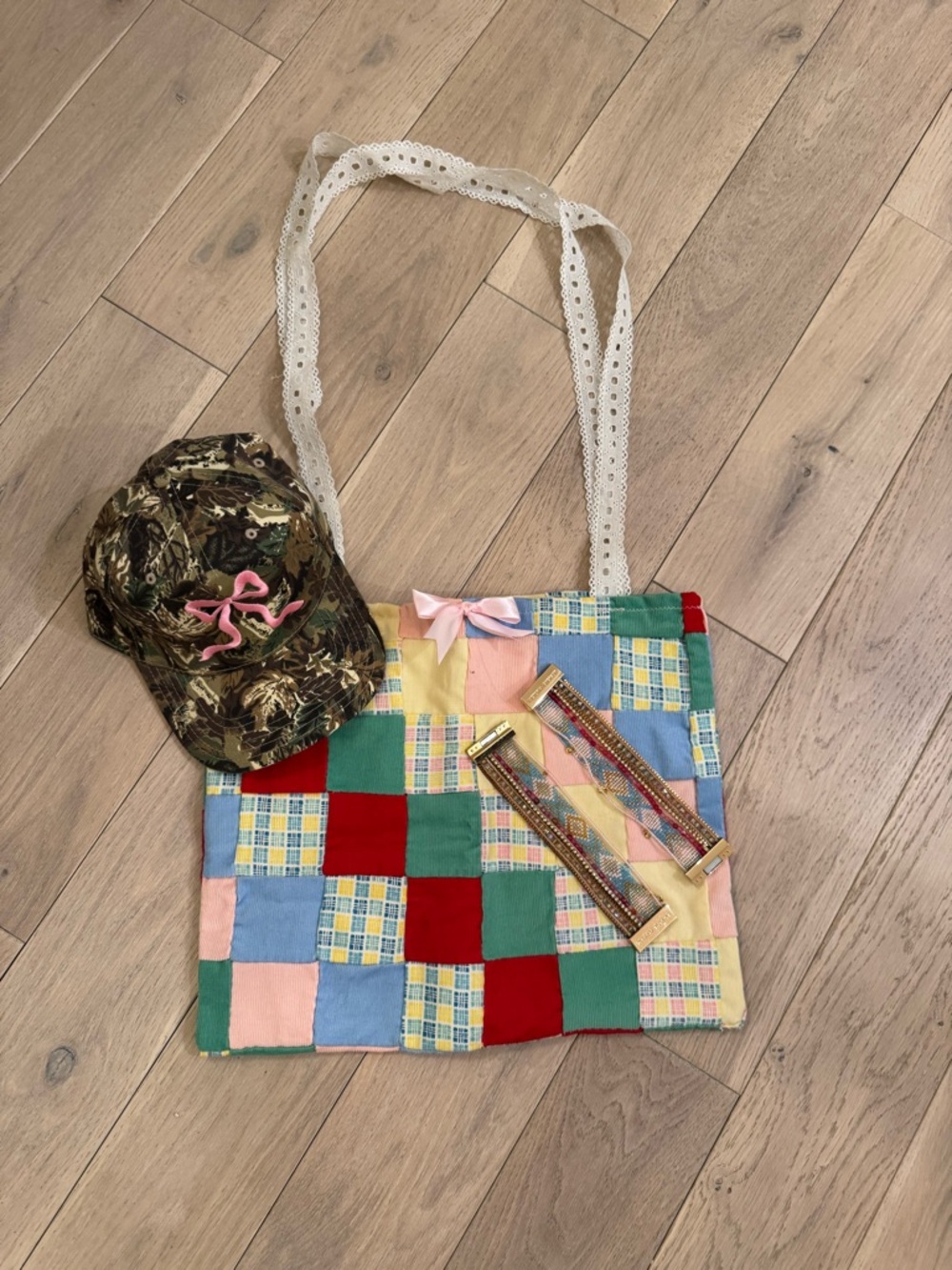 Patchwork Multicolor Shoulder Bag with Lace Straps